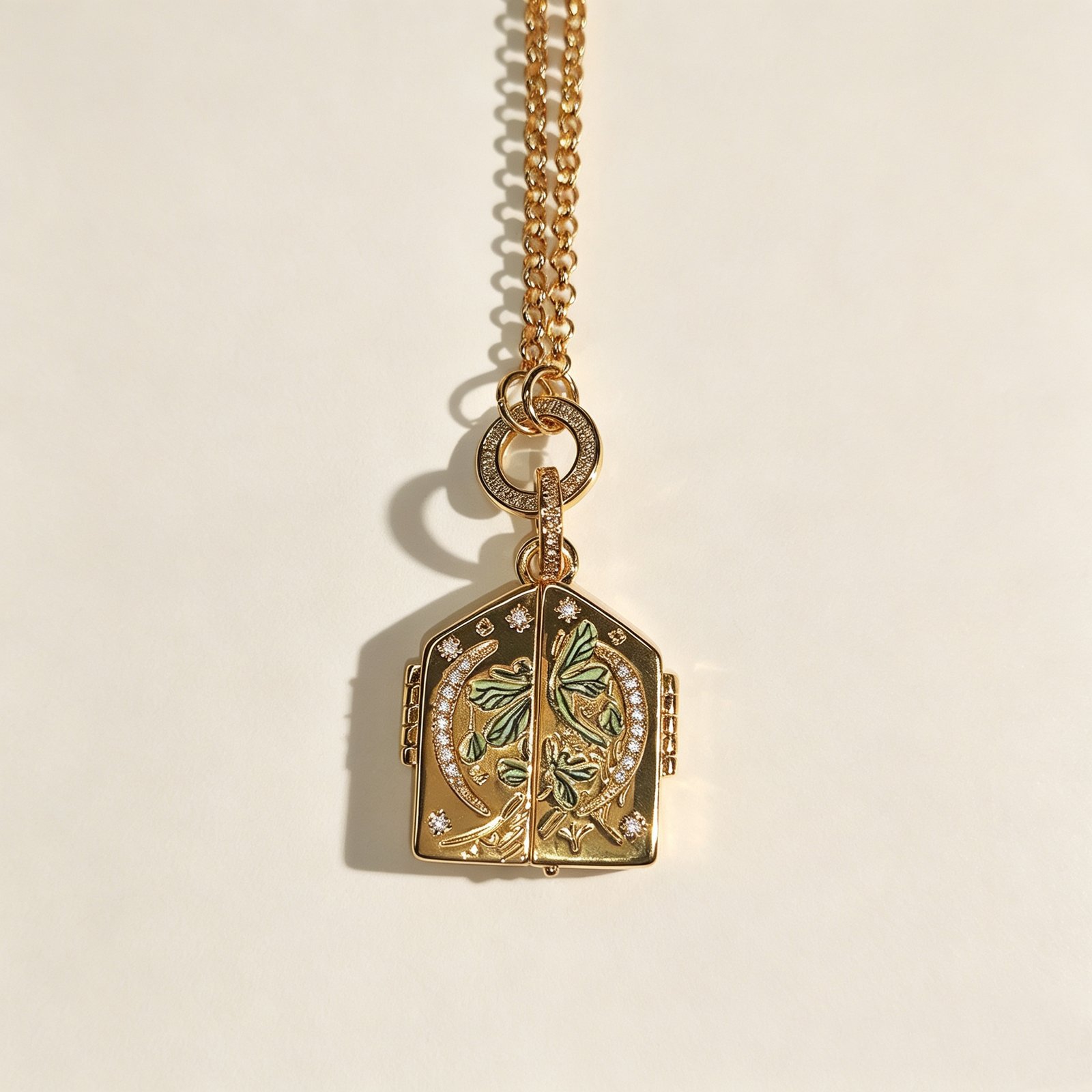 ELA BOUTIQUE| OPENABLE HOUSE SHAPED GREEN FOLIAGE ENAMEL LOCKET NECKLACE